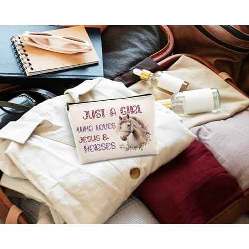 KDQUA Horse Lovers Makeup Bag, Just a Girl Who Loves Horses, Funny Cowgirl Equestrian Gifts - Linen Cosmetic Bag Zipper Pouch Travel Toiletry Bag