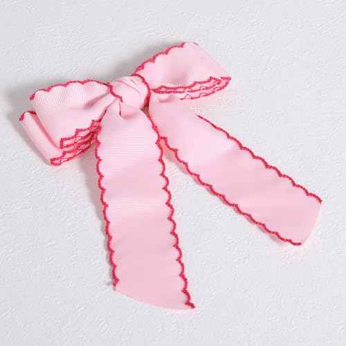 5 Inch Hair Bow Clips Edged Grosgrain Ribbon Hairpins Handmade Hair Accessories with Alligator Clips for Girls Women, Pink with Rose Red