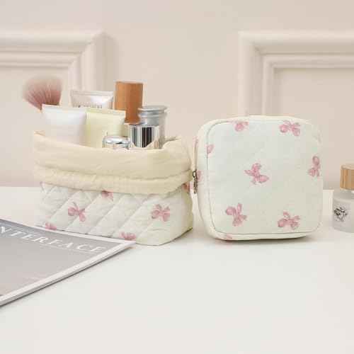 Small Quilted Cosmetic Pouch for Purse, Mini Cotton Makeup Bag with Compartments, Cute Zipper Lipstick Holder for Women (03White Bow)