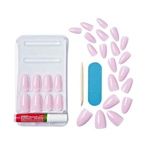 KISS Gel Fantasy, Press On Nails, Nail glue included, 'No Regrets', Light Pink, Medium Size, Almond Shape, Includes 28 Nails, 2g Glue, 1 Manicure Stick, 1 Mini file