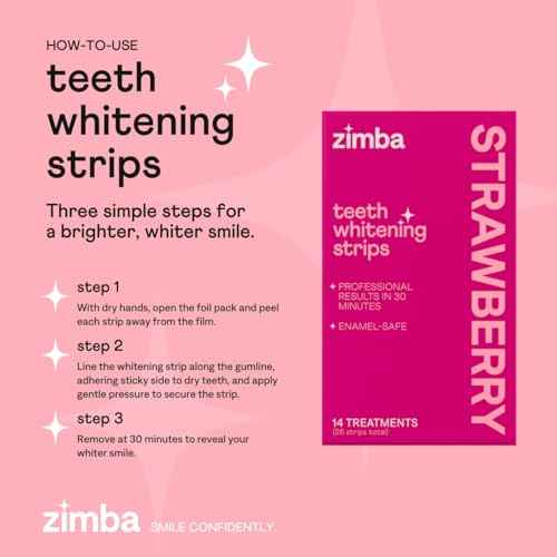 Zimba Strawberry Flavored Teeth Whitening Strips | Vegan, Enamel Safe Hydrogen Peroxide Teeth Whitener for Coffee, Wine, Tobacco, and Other Stains | 14 Day Treatment | Strawberry