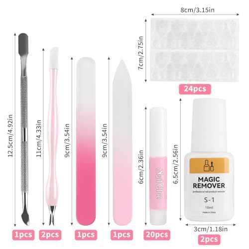 TADOPRO Nail Glue & Remover Set, 20Pcs Press on Nail Glue Strong 2Pcs 10ML Nail Glue Remover with 3 Cuticle Pusher 2 Nail File Easy to Apply Nail Tips & Acrylic Fake Nails Quick Drying Adhesive
