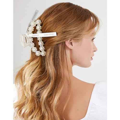 DEEKA Bridesmaid Proposal Gifts 8 Pack Pearl Bridesmaid Hair Claw Clips with Ribbon 3.7 Inch Large Hair Clips Bachelorette Party Favors Bridal Party Present Hair Accessories (Half Circle L)