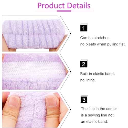 VELSCRUN Spa Headbands for Wash Face, Makeup Headband, Facial Skincare Headbands, 5 Pcs Purple Puffy Sponge Spa Headband Bow Tie Hair Band Hair Clips Wristband Set Women Girls Accessories