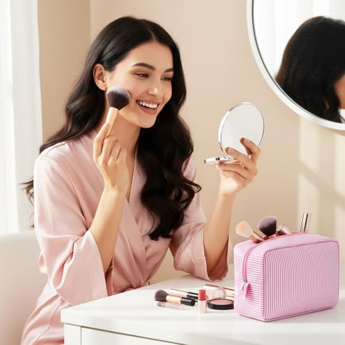 Sanwuta 3 Pcs Seersucker Cosmetic Bag Seersucker Makeup Bag Women Stripe Large Travel Toiletry Organizer Preppy Storage Pouch for Embroidery Christmas Bridesmaid Gifts(Pink, Light Blue, Purple)