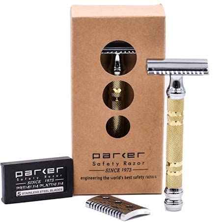 Parker, "The Convertible", Double Edge Safety Razor – Interchangeable Open & Closed Comb Plates, Solid Brass/Chrome 93 g Handle, Customizable Shave from Mild to Aggressive