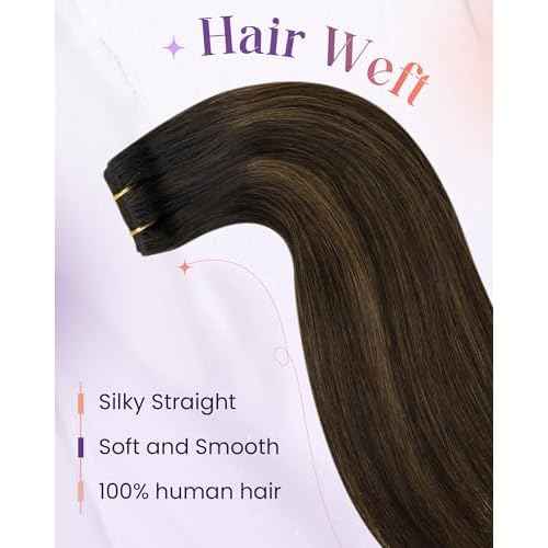 LaaVoo Weft Hair Extensions Human Hair Brown Weft Extensions Real Human Hair Silky Straight Sew in Hiar Extensions Dark Brown Mix Light Brown Balayage Short 14 Inch 80g