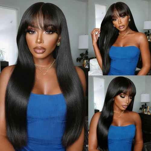 Straight Human Hair Wigs with Bangs 2x4 Lace Closure Wigs Human Hair 180% Density Drawstring Glueless Wigs Human Hair for Women Lace Front Wigs Human Hair Natural Black 22inch.