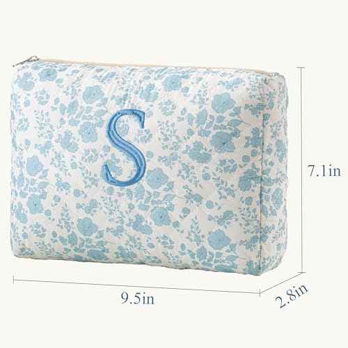 HBselect Initial Quilted Makeup Bag, Cotton Large Travel Makeup Bag, Cute Floral Coquette Make up Bag Cosmetic Bag Toiletry Bag for Women Girls S
