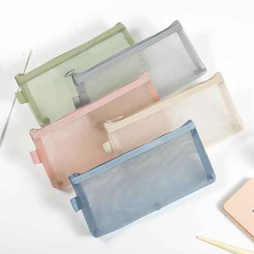 Aswewamt 5Pcs Zipper Mesh Bags, 7.9" x 4" Clear Cosmetic Bags, Multi-functional Travel Accessories for Makeup Brushes, Purse