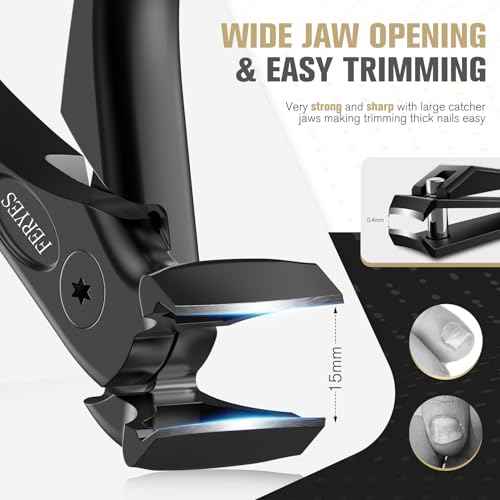 FERYES Ergonomic Non-Slip Long Handle Nail Clippers for Seniors, Unique Angled Head Curve Wide Jaw Opening Toenail Clipper with Catcher for Thick Toenails and Fingernails