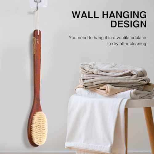 Wooden Bath Brush with Stiff Sisal Bristles Long Handle for Shower Back Scrubber Body Exfoliator, with Hook for Hanging (Stiff Sisal Hair)