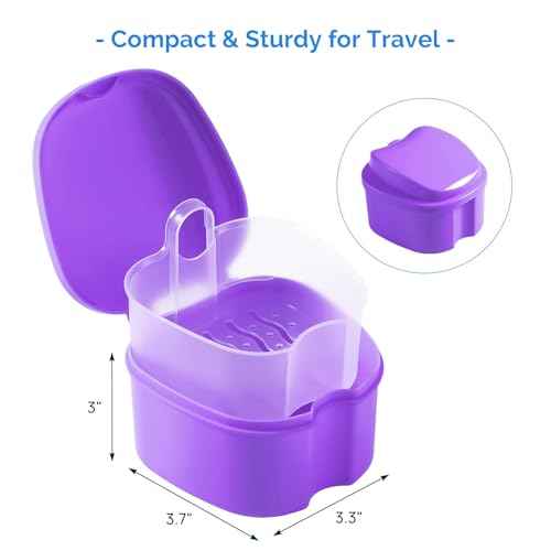 JMU Denture Bath Case, Denture Cup for Soaking Dentures with Strainer Basket Tray for Dentures, Mouth Guard Storage Case, Purple