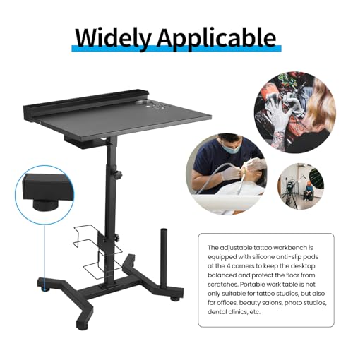Tattoo Work Station Tattoo Salon Tray Cart Portable Work Table with Detachable Storage Shelf Tattoo Armrest Stand Adjustable Height Tattoo Stand Desk for Tattoo Supplies and Equipment