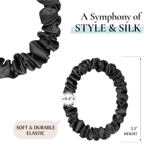 Zenssia Silk Scrunchies for Hair, 4PC Pure Mulberry Silk Hair Ties No Damage, Skinny Elastic Scrunchies for Fine & Thin Hair, Black
