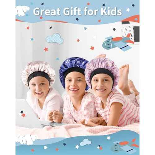 Kids Bonnet, Soft Silk Satin Bonnet for Girls Boys, Double Layer & Wide Elastic Band Kids Sleeping Cap, Adjustable Night Hat for Child Natural Hair Curly Hair (Blue Spaceship)