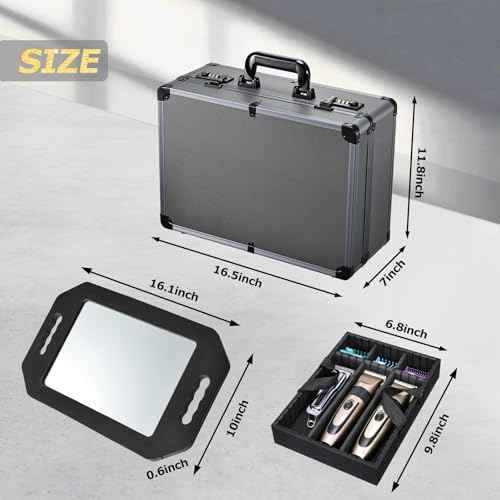 Professional Barber Case with Barber Clipper Tray Organizer, 6 Adjustable Clipper Slots & 8 Shear Holders, Portable Barber Carrying Case for Hair Tools & Supplies with Combo Locks