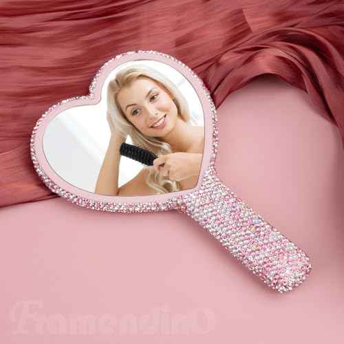 Framendino, 1 Pack Rhinestone Handheld Mirror Heart Bling Glitter Cosmetic Dazzling Portable Hand with Handle for Women (Pink)