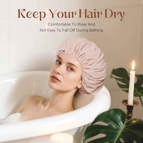 Years calm Shower Cap Reusable Waterproof, Double-Layer Hair Cap for Women, with Elastic Band, Ideal for Shower, Spa, Travel & Cleaning (Light pink, One Size)