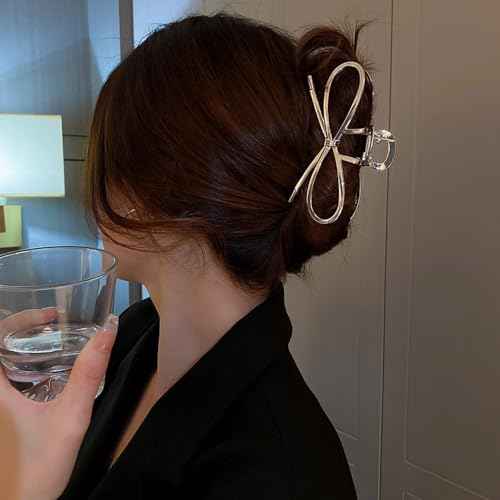 1Pcs Metal Silver Bow Hair Claw Clips - Large Fashion Hair Accessories for Women Girls, Strong Hold Alloy Elegant Jaw Grip Clips for Thin or Thick Hair Styling