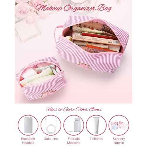 MONSTINA Initial Makeup Bag Set for Girls&Women,Personalized Make Up Case for Girlfriend Graduation Teacher Gifts,Cute Toiletry Bag Preppy Chenille Letter Patch,Pink A
