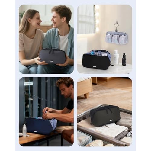 WANDF Toiletry Bag for Men, PU Leather Travel Organizer with Detachable Waterproof Hanging Pouch, Open-Flat Dopp Kit Shaving Bag with Wet Pocket for Travel Toiletries Accessories (Navy Blue)