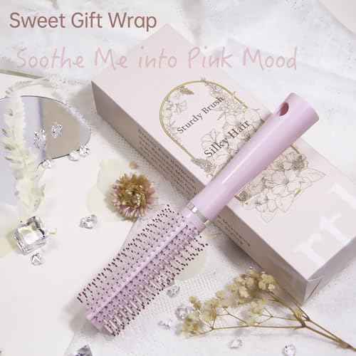 Curly Hair Brush for Women, Barrel Round Hairbrush for Quick Blow Dry Travel Size for On-the-go, Detangler Brush for Hurt-free Detangling on All Hair Vibes, Pink, 1 Pack