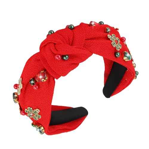 CAVETEE Christmas Headband for Women, Red Knotted Headband with Rhinestone Tree Snowflake Pearl Christmas Decorations for Women