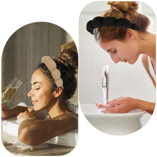 AMCAMI Puffy Spa Headband for Women Sponge Headbands for Girls 2 PCS Terry Towel Cloth Fabric Head Band for Skincare,Makeup Removal,Face Washing,Facial Mask,Shower,Hair Accessories£¨Black&Light Coffee£©