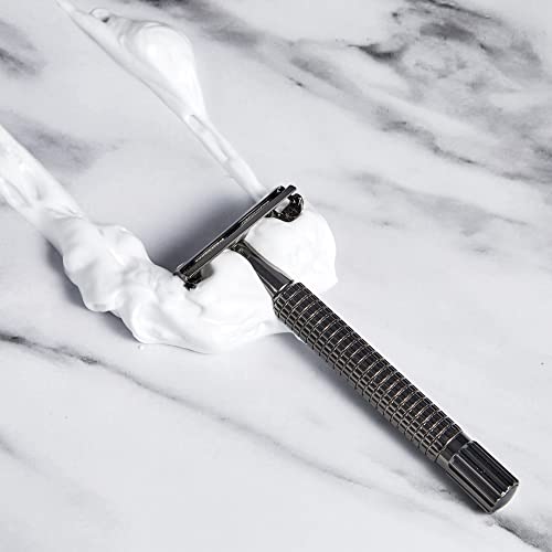 Deluxe Men¡¯s Wet shaving Kit, All Black Set, Lengthen Version Double Edge Safety Razor, Large Stand, Shaving Brush, Ceramic Shaving Bowl and 10 Extra Blades