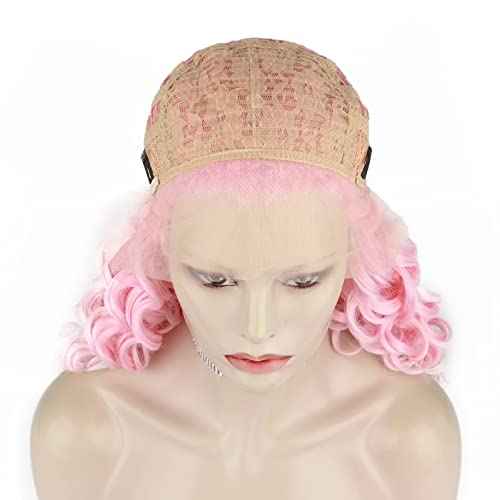 IMSTYLE Pink Curly Lace Front Wigs Women Cosplay Costume Daily Wear Bounce Fluffy Wig Hair Heat Resistant 26 Inch(Pink)