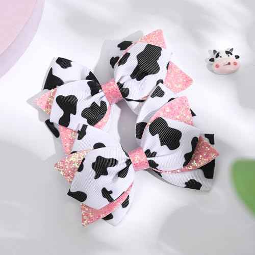 2PCS Glitter Cute Moo Cow Print Hair Bows Pink Grosgrain Ribbon Alligator Clips for Girls£¬Women, Toddlers, Infants, and Kids' Birthday Party Decor