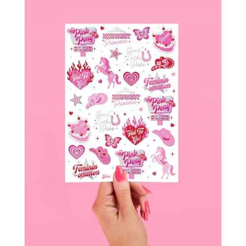 xo, Fetti Pink Pony Club Temporary Tattoos - 54 Iridescent Foil Pcs | Cowgirl Bachelorette Party, Valentine's Day Favors, Birthday Accessory, Galentine's Bach Activity