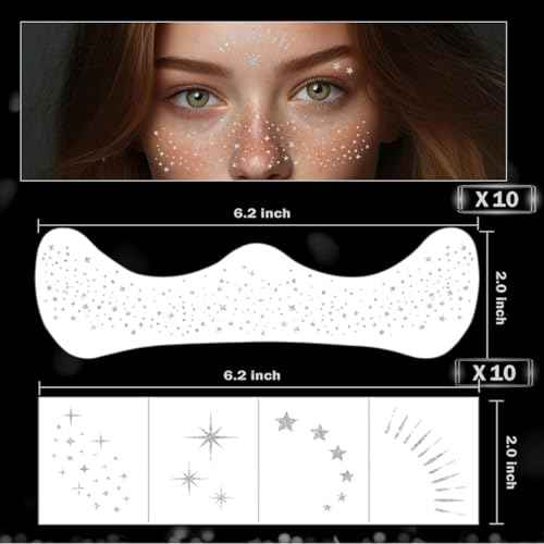 20 Pcs Silver Glitter Freckles,20 Pcs Face Gems with 4 Shapes - Sparkling Self-Adhesive Face Jewels for Festival, Rave & Party Makeup - Waterproof Face Glitter Patches for Women & Teens