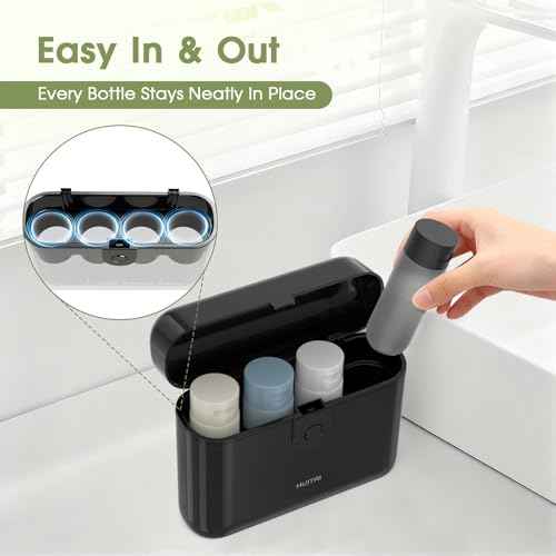 Travel Bottles with Case, 4x2oz TSA Approved, Leak-Proof, Press to Unlock, Compact & Portable Travel Toiletries (Black)