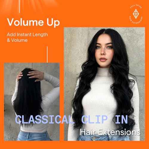 Full Shine Black Clip in Hair Extensions Real Human Hair Jet Black Hair Extensions Human Hair Clip ins Triple Weft Clip in Extensions for Women Straight Natural Hair 7 Pcs 18 Inch