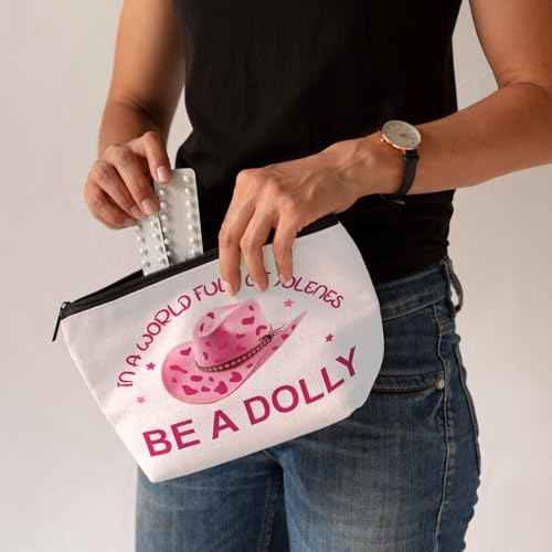 Pink Western Hat Makeup Bag, Be a Dolly Travel Period Costumes Cosmetic Bags, Dolly Gifts for Women Music Lovers Fans Sister Daughter Teachers Halloween Birthday Christmas