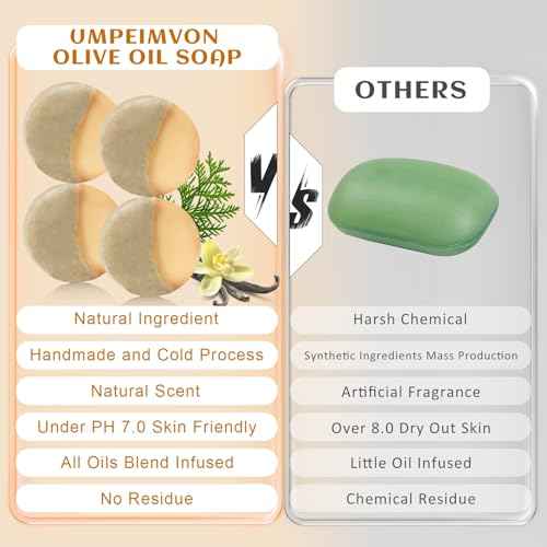 4 PCS Handmade Olive Oil Soap with Vanilla and Shea Butter, 2-In-1 Moisturizing Exfoliating Bar Soap with Platycladus orientalis leaves for Hair, Face and Body