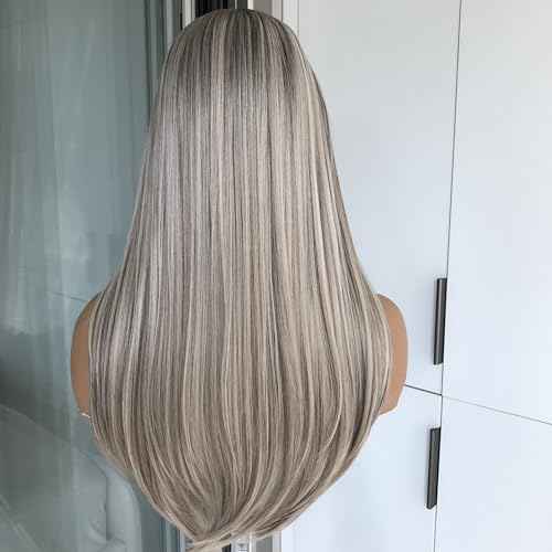Pre Cut No Glue Lace Wig Ash Blonde Wear and Go Glueless Synthetic Lace Front Wig for Women with Bangs Layered Straight Wigs Pre Plucked Highlight Dirty Blonde Wig 3 Seconds to Wear 20Inch