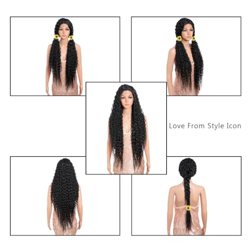 Style Icon 36¡±Super Long Curly Wig C-Shaped Side Part Lace Wig Afro Baby Hair Synthetic Black Wigs(36 inches, 1B)
