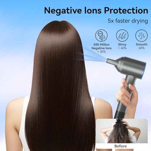 Hair Dryer, 160000 RPM High-Speed Ionic Hair Drye Portable Lightweight Blow Dryer with 500 Million Negative Ions, Hair Dryer with Magnetic Diffuser & Nozzle for Home and Travel