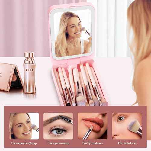 Trendy Teen Girl Gifts ? Travel Makeup Brush Set with LED Light Mirror, Perfect Tween Birthday Gifts for Girls 11-16+ year old(Pink)