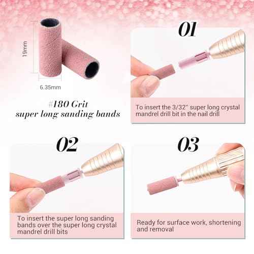 MelodySusie 50 Pcs Nail Drill Bits Super Long Sanding Bands with 6.65mm Crystal Mandrel Bit, 180 Fine Grit Nail File for Acrylic Nails Gel Manicures and Pedicure, Pink