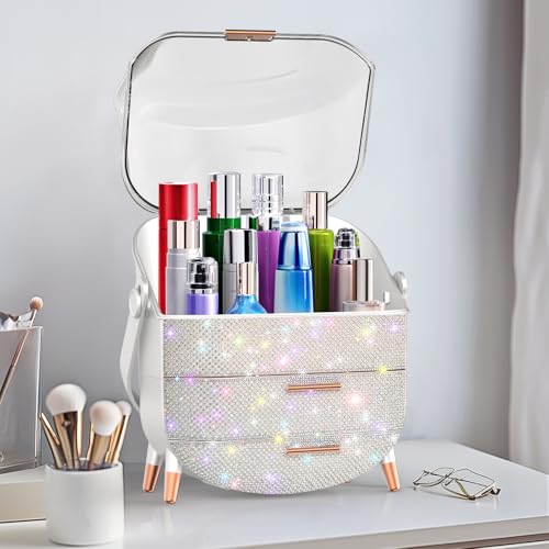 Makeup Organizer For Teen Girl Birthday Gifts, Cosmetic Display Cases with Transparent Cover, Skincare Organizers for Vanity, Perfume Organizer, Lotions Display Case, Lipstick Organizer (Rhinestone)