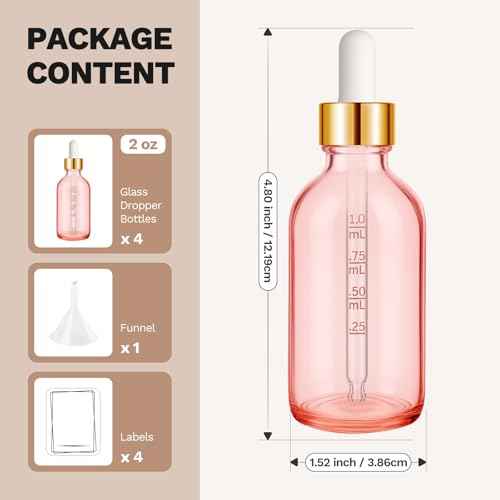 Bumobum 2 oz Dropper Bottle, Pink Glass Dropper Bottle with Measured Dropper & Golden Cap, Empty Eye Tincture Bottles with Funnel, Pipette & Labels for Essential Hair Oils Serums, 4 Pack