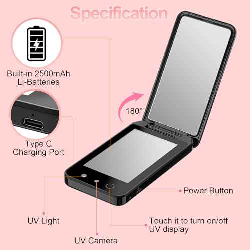UV Camera for Sunscreen Test UV Mirror Sunscreen Camera, 4 Inch Vanity Mirror Rechargeable Compact Travel Makeup Mirror Handheld Double-Sided Pocket Mirror for Skin Protection(Dark Black)