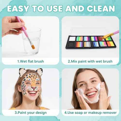 Face Painting Kit for Kids & Adults, Split Cake Face Paint Palette, Water Activated Face Paint with 4 Brushes, Safe & Quick-Dry, Perfect for Halloween Party Birthday Cosplay