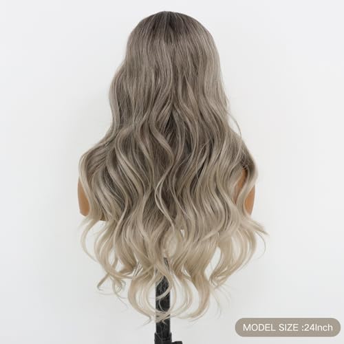 Ash Gray Wavy Synthetic Wig 3 Tone Ombre Grey 13¡¿4 Lace Front Wigs Heat Resistant Fiber Wig for Women 24 Inches 150 Density