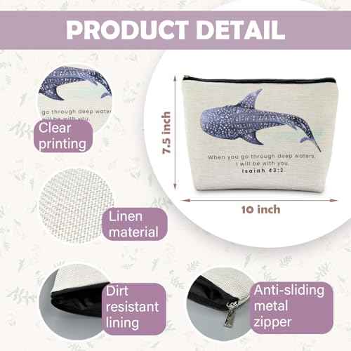 Whale Shark Christian Makeup Bag Pouch, Christian Shark Gifts for Women, Bible Verse Gifts Isaiah 43:2, When you go through deep waters I will be with you