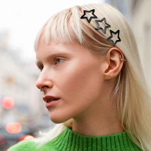 12PCS Metal Star Snap Hair Clips, 1.6 Inches Star Hair Clips for Kids Girls and Women, Silver/Gold/Black Star Snap Hair Barrettes, Non-Slip 2000s Y2K Star Cute Snap Hair Accessories(Black)